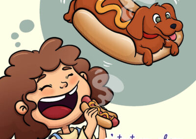 Illustration d'une petite fille imaginant un hot dog avec un vrai chien à la place de la saucisse, extrait de la série ‘Quand j’étais petite’