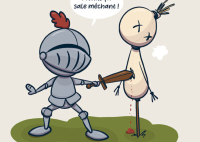 Un jeune apprenti chevalier en armure s’entraîne à l’épée sur un épouvantail dans un champ ensoleillé.
