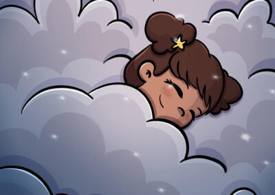 Une petite fille dort paisiblement sur un lit de nuages, un sourire serein sur le visage, enveloppée dans une couverture cotonneuse.