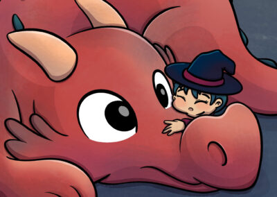 Petite sorcière en train de faire un câlin à un grand dragon rouge