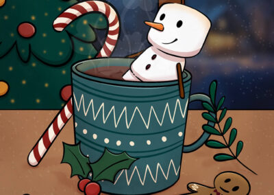 Un bonhomme de neige en marshmallow prend un bain dans une tasse de chocolat chaud fumant, avec un sapin de Noël à l’arrière et de la neige qui tombe dehors