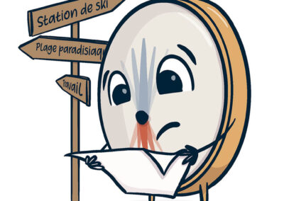 Une boussole semble complètement perdue malgré un plan détaillé et plusieurs panneaux de direction autour d’elle.