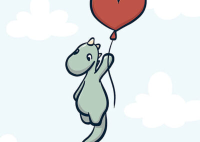 Illustration d’un petit dinosaure volant au milieu des nuages, tenant un ballon rouge en forme de cœur.
