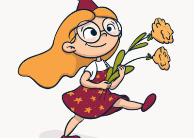 Jeune fille en robe rouge marchant avec détermination, tenant des fleurs dans les mains.