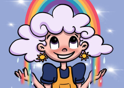 Une jeune femme tient un arc-en-ciel qui sort de ses mains. Ses cheveux sont comme des nuages d’où tombent des gouttes de pluie. Elle porte des boucles d’oreilles en forme de soleil.