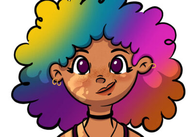 Portrait d’une jeune femme avec une coupe afro multicolore en dégradé arc-en-ciel.