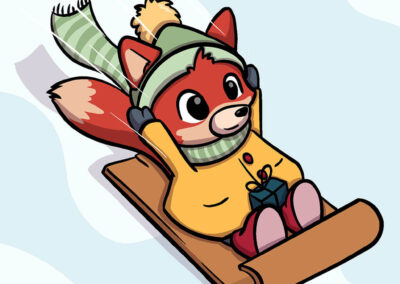 Petit renard emmitouflé dans un bonnet et une écharpe dévale une pente enneigée sur une luge.