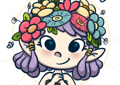 Portrait d'une elfe aux oreilles pointues, portant une couronne de fleurs, entourée de papillons et baignée d’un halo de lumière.