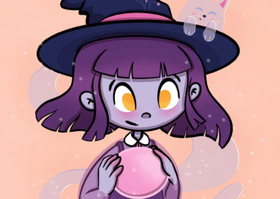 Illustration d’une petite sorcière observant une boule de cristal, accompagnée d’un petit chat fantôme flottant à côté d’elle.