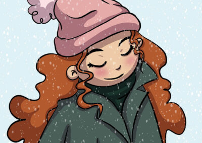 Une jeune fille aux yeux fermés, emmitouflée dans un manteau et un bonnet, profite paisiblement des premières chutes de neige.