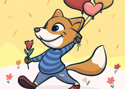 Un renard marche joyeusement au milieu des fleurs, tenant une fleur dans une patte et des ballons en forme de cœur dans l'autre.