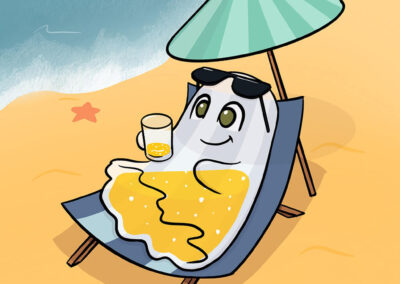 Un petit fantôme sur un transat à la plage, tenant une bière à moitié vide, le reste est visible à travers lui.