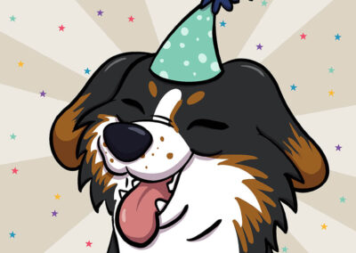 Dessin d’un petit chien tirant la langue et portant un chapeau de fête coloré