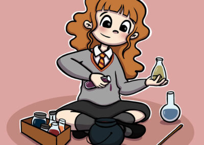 Hermione prépare une potion magique en secret dans les toilettes, scène inspirée d’un des films Harry Potter.