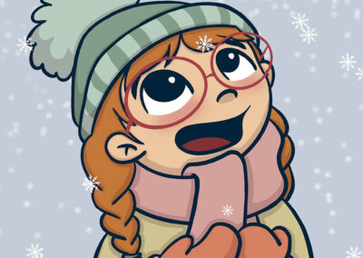 Une petite fille emmitouflée dans une écharpe, un bonnet et des moufles lève les bras avec joie sous une chute de neige.