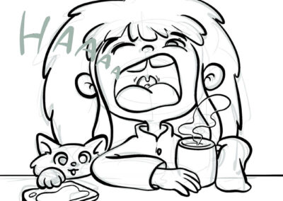 Illustration d’une petite fille prenant son petit déjeuner tandis que son chat tente de lui voler une tartine