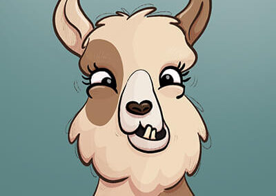 Un portrait d’un lama avec une expression un peu idiote et comique