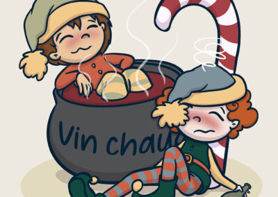 Deux lutins de Noël aux joues rouges sont complètement étourdis après avoir goûté au vin chaud. L’un barbote dans le chaudron tandis que l’autre est affalé par terre.