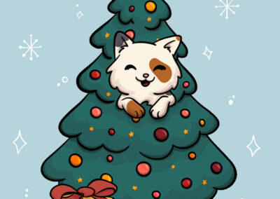Illustration d’un chat espiègle caché parmi les branches d’un sapin de Noël décoré