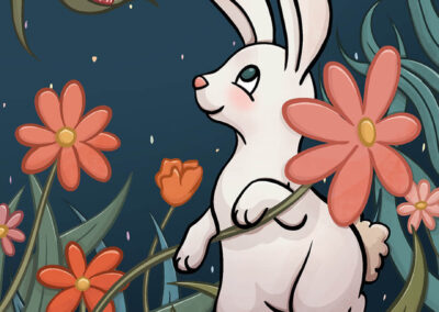 Illustration d’un lapin blanc dans un jardin printanier, en train de chercher un œuf de Pâques