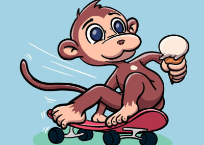 Un singe fait du skate tout en mangeant une glace.