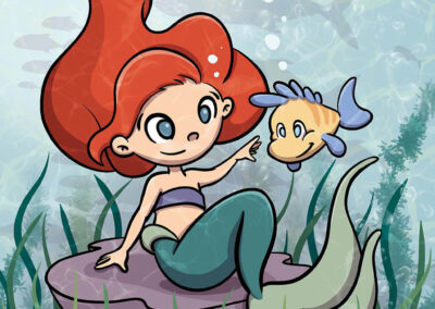 Illustration d’Ariel la petite sirène assise au fond de la mer jouant avec polochon.