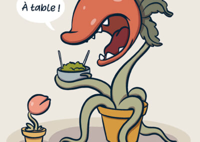 Une plante carnivore végétarienne appelle son petit pour venir manger de la salade à table.
