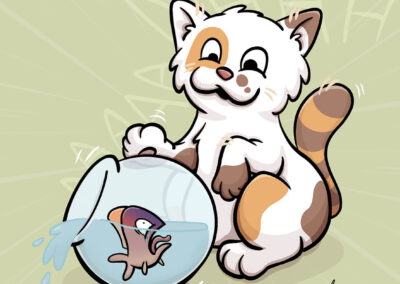 Illustration humoristique d’un chat renversant un poisson hors de son bocal, clin d’œil au 1er avril