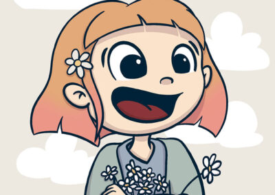 Une petite fille souriante prépare un grand bouquet de fleurs et porte une fleur dans les cheveux.
