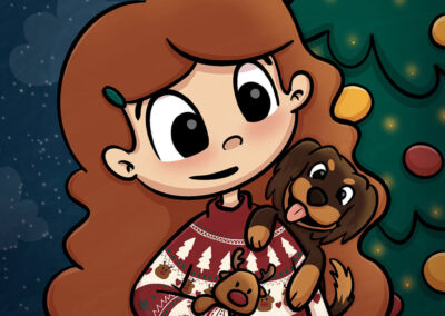 Une jeune fille au pied du sapin avec un pull de Noël kitsch, câlinant une peluche, accompagnée de son petit chien