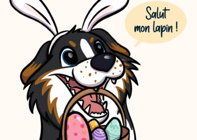 Un chien souriant portant des oreilles de lapin, un panier rempli d'œufs en chocolat, avec une bulle de texte disant salut mon lapin.