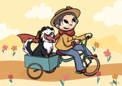 Illustration d’une femme faisant du vélo sur un tricycle avec son chien assis dans le panier.