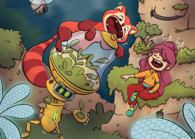 Illustration d’un robot abritant une plante, avec un petit animal qui joue avec son antenne pendant qu’une petite fille rigole